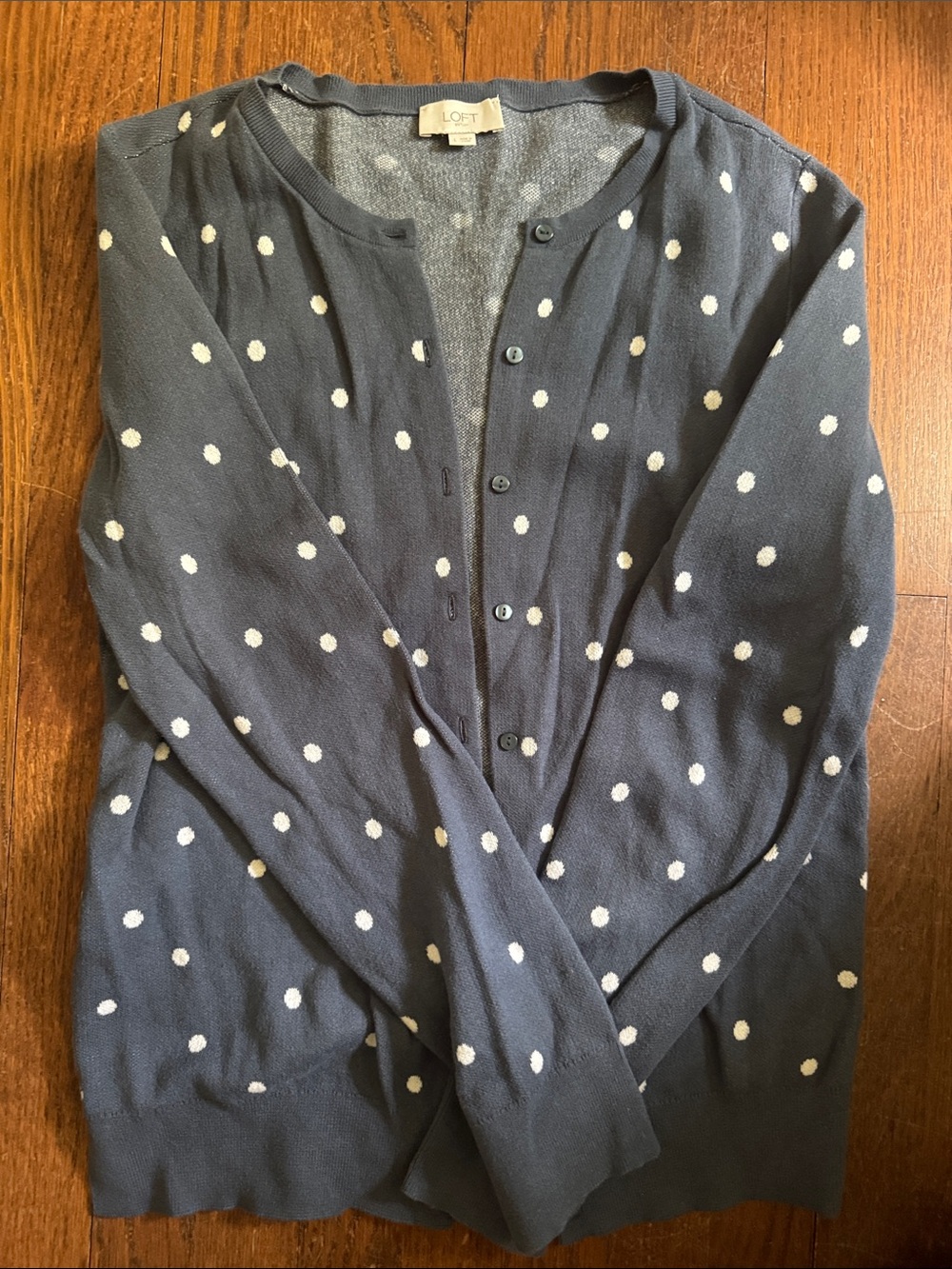LOFT Steel Blue Polka Dot Crewneck Cardigan